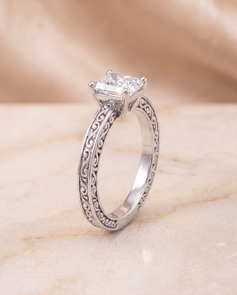 The Veronica Hand Engraved Scroll Vintage Solitaire Radiant Cut Engagement Ring Setting in Platinum