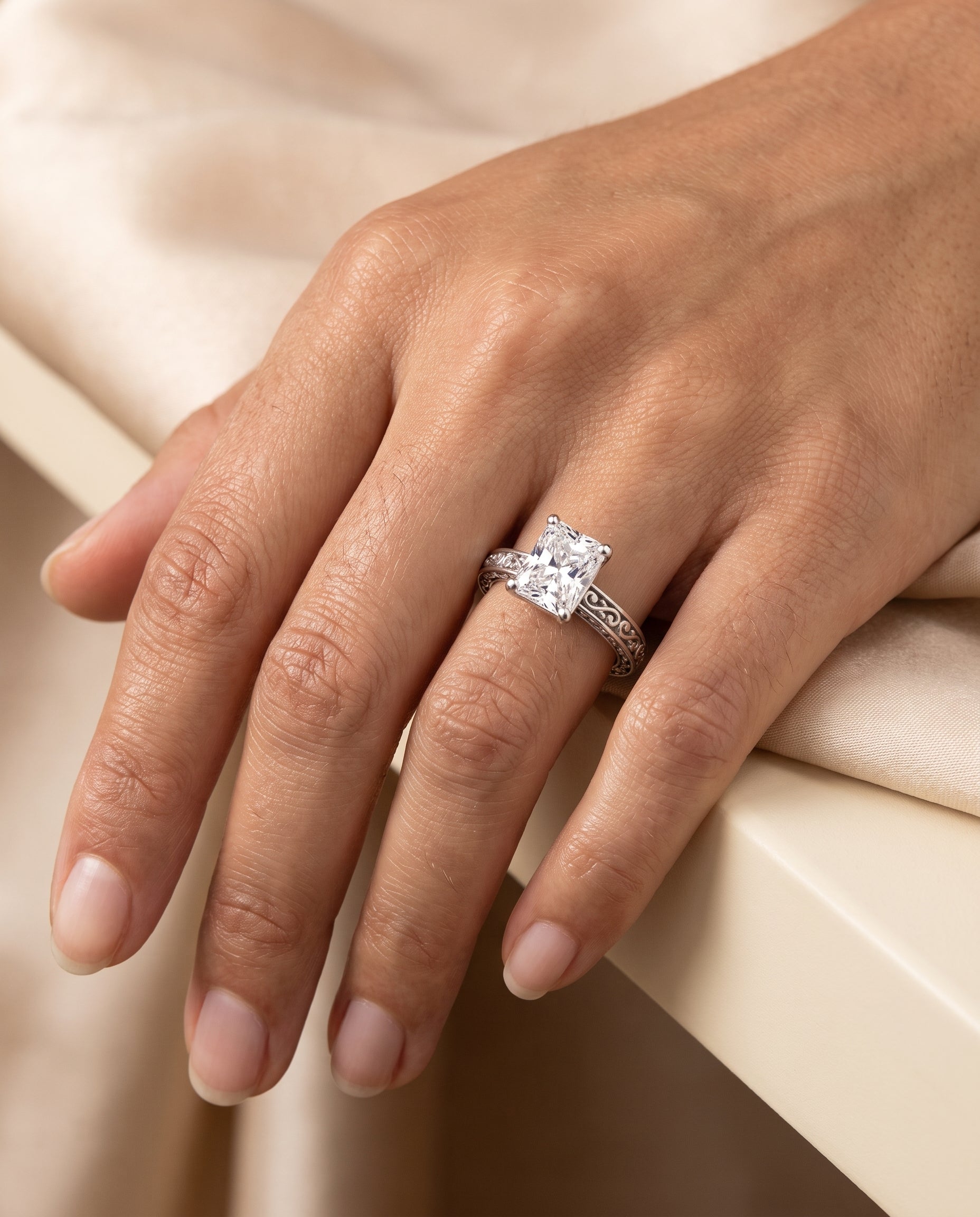 The Veronica engagement ring setting in Platinum, hand engraved scroll vintage solitaire cut design | RockHer