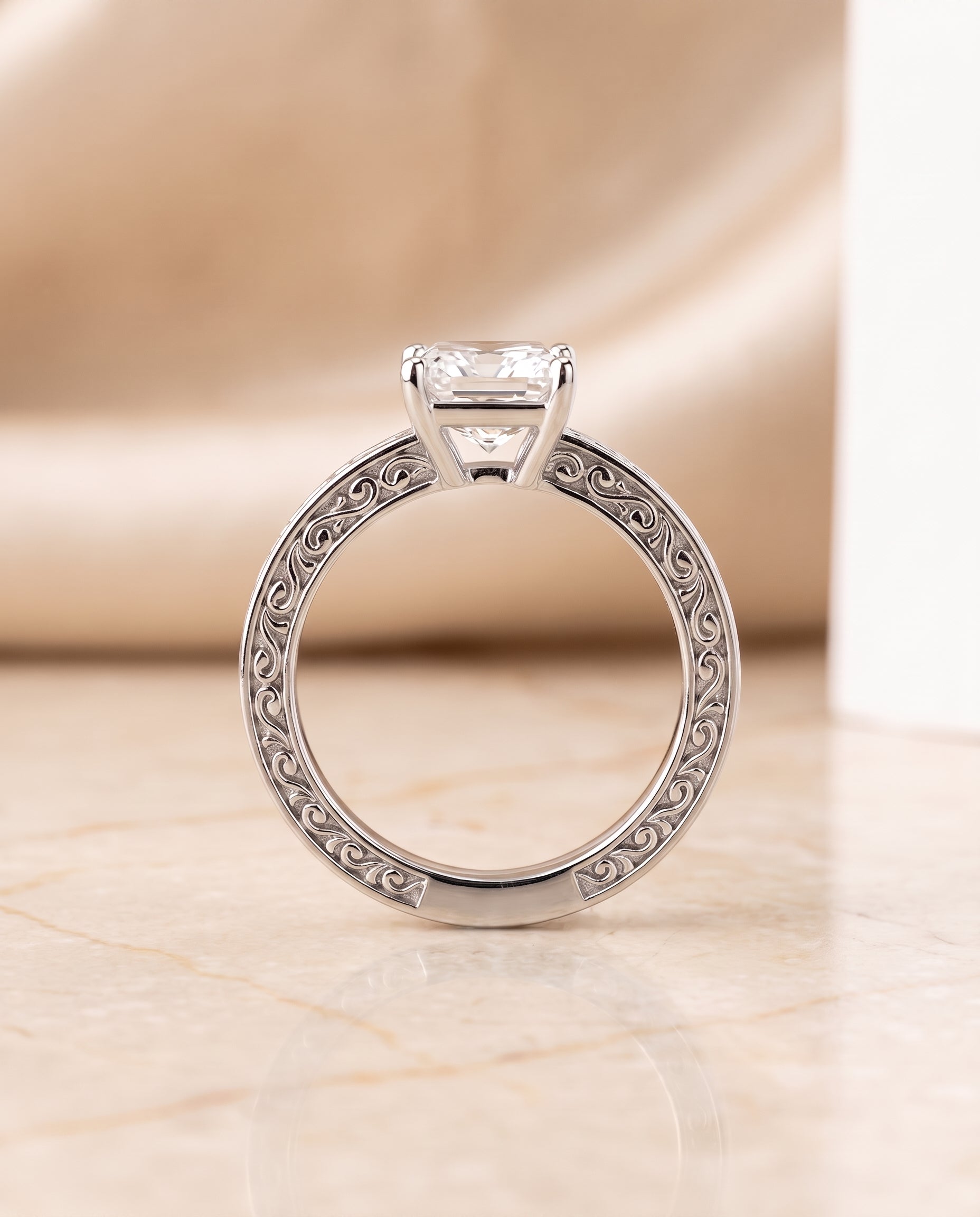 Hand Engraved Scroll Vintage Solitaire Cut styling on The Veronica radiant engagement ring setting | RockHer