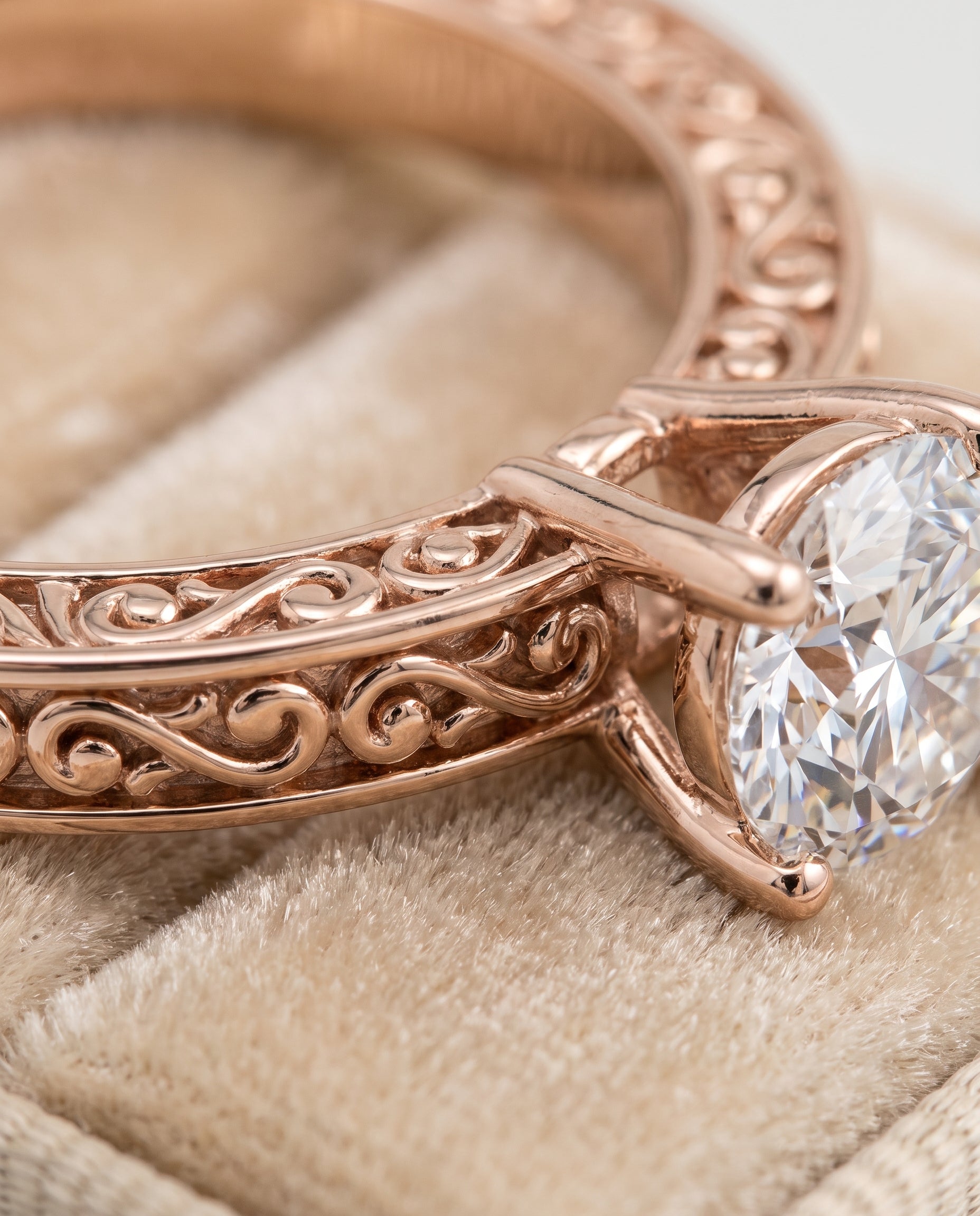 The Veronica Hand Engraved Scroll Vintage Solitaire Round Engagement Ring Setting in 14K Rose Gold