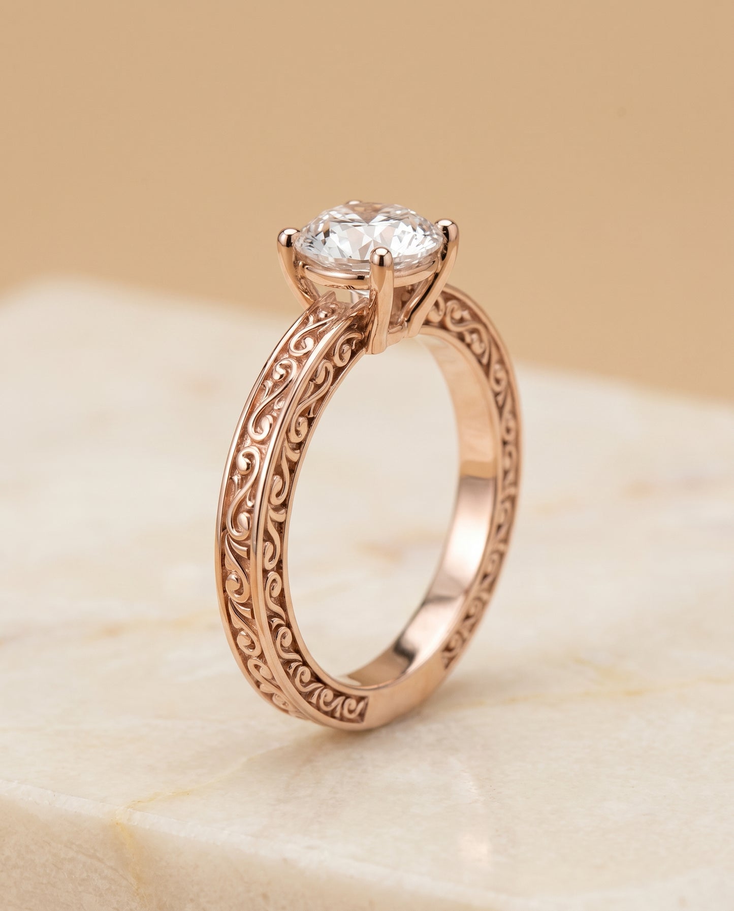The Veronica Hand Engraved Scroll Vintage Solitaire Round Engagement Ring Setting in 14K Rose Gold
