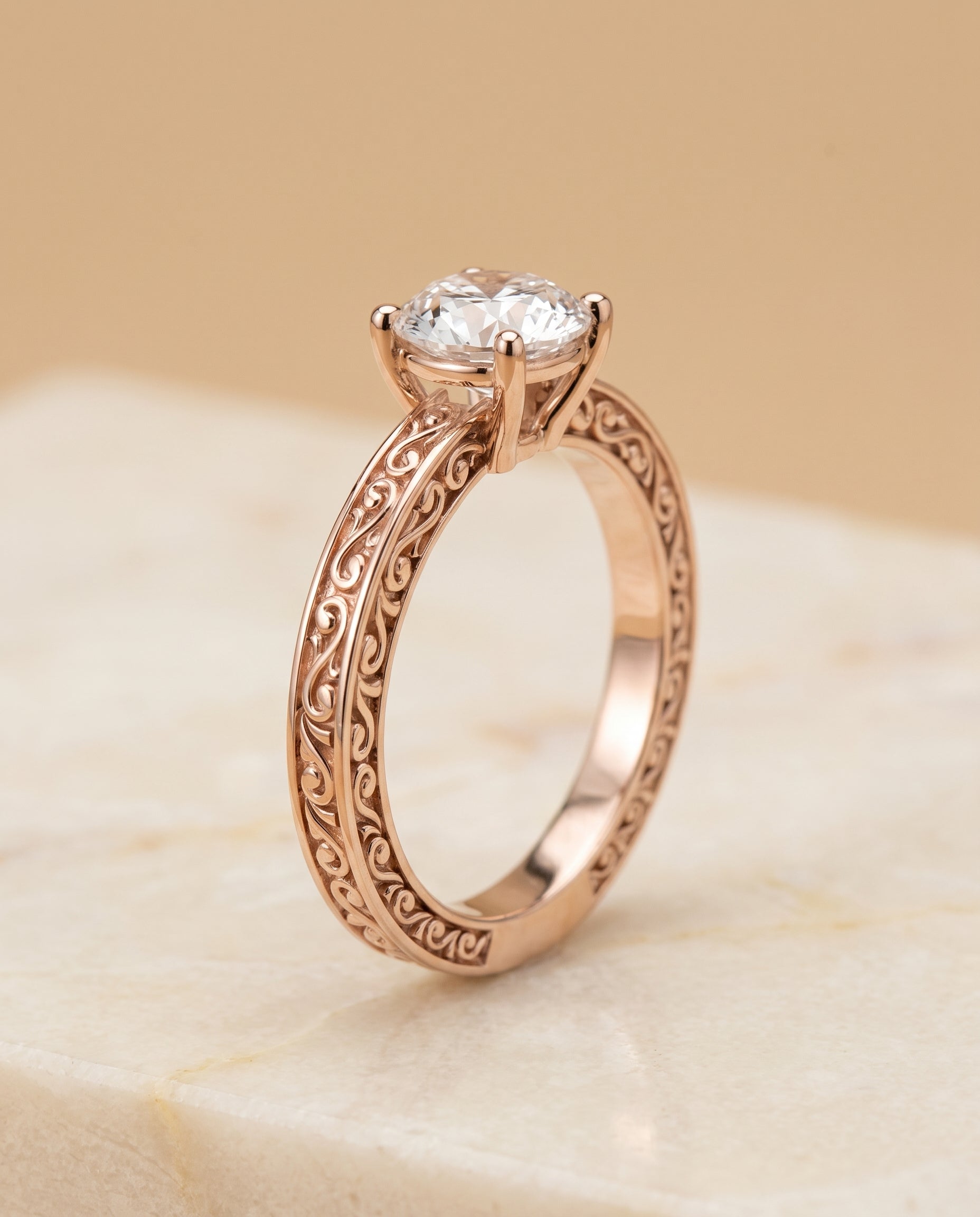 The Veronica Hand Engraved Scroll Vintage Solitaire Round Engagement Ring Setting in 14K Rose Gold