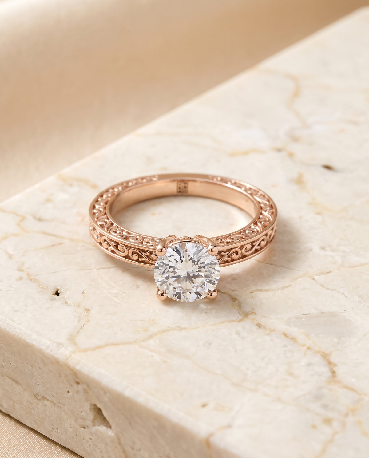 The Veronica Hand Engraved Scroll Vintage Solitaire Round Engagement Ring Setting in 14K Rose Gold