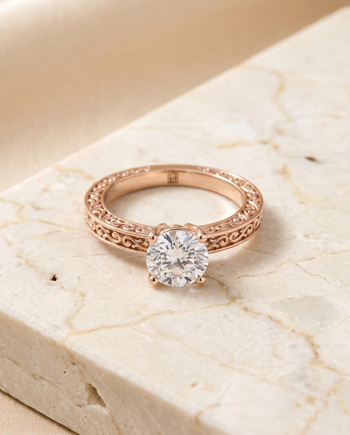 The Veronica Hand Engraved Scroll Vintage Solitaire Round Engagement Ring Setting in 14K Rose Gold