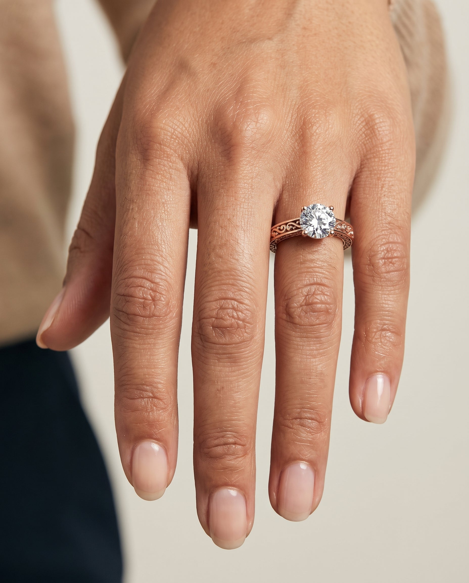 The Veronica Hand Engraved Scroll Vintage Solitaire Round Engagement Ring Setting in 14K Rose Gold