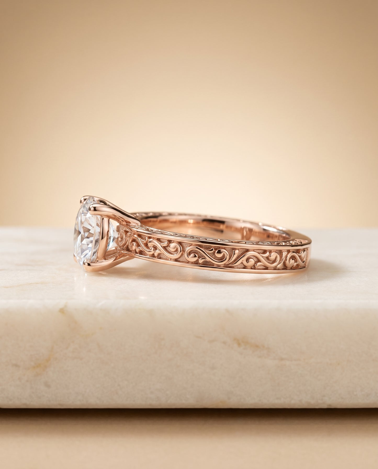 The Veronica Hand Engraved Scroll Vintage Solitaire Round Engagement Ring Setting in 14K Rose Gold