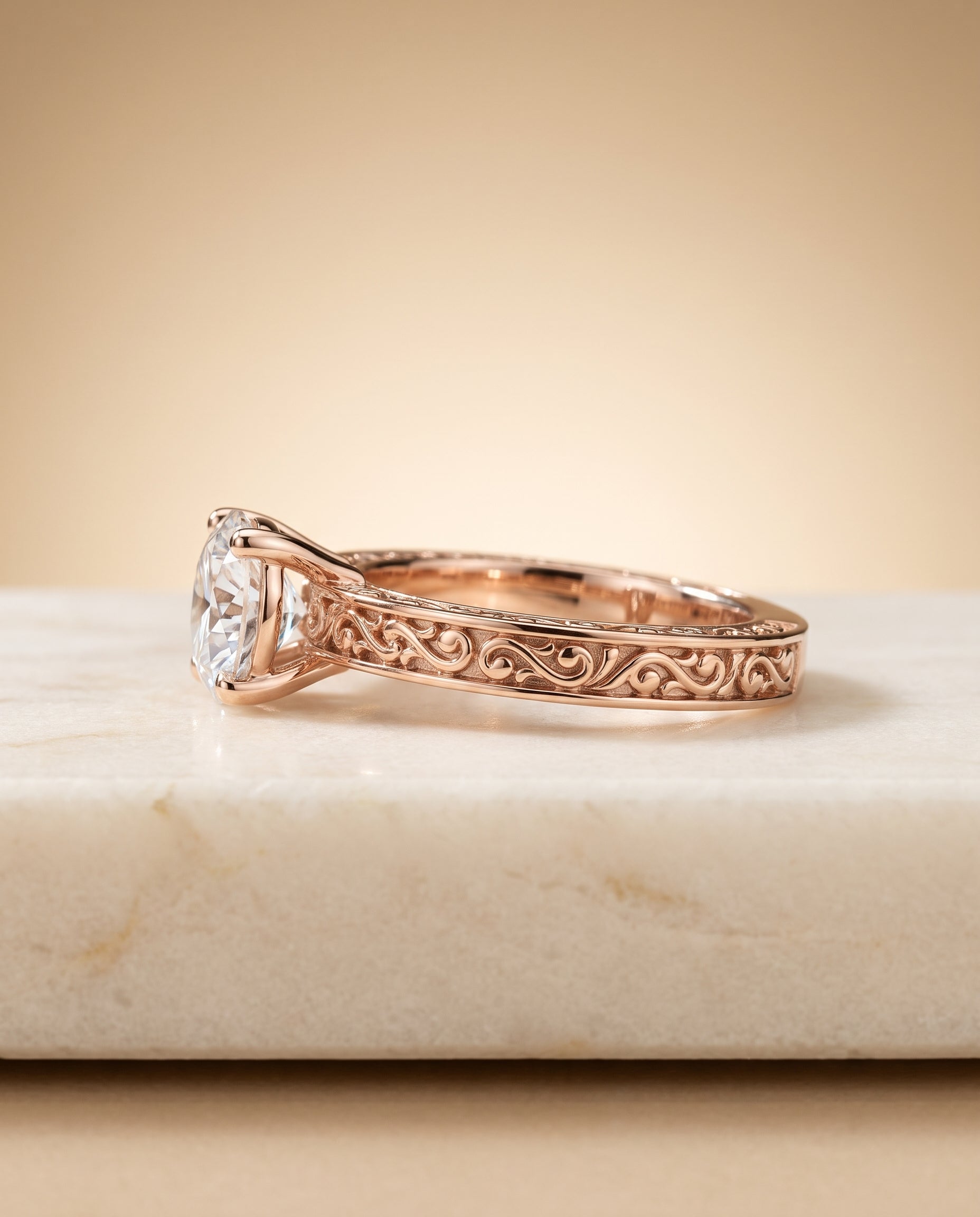 The Veronica Hand Engraved Scroll Vintage Solitaire Round Engagement Ring Setting in 14K Rose Gold