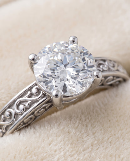 The Veronica Hand Engraved Scroll Vintage Solitaire Round Engagement Ring Setting in Platinum