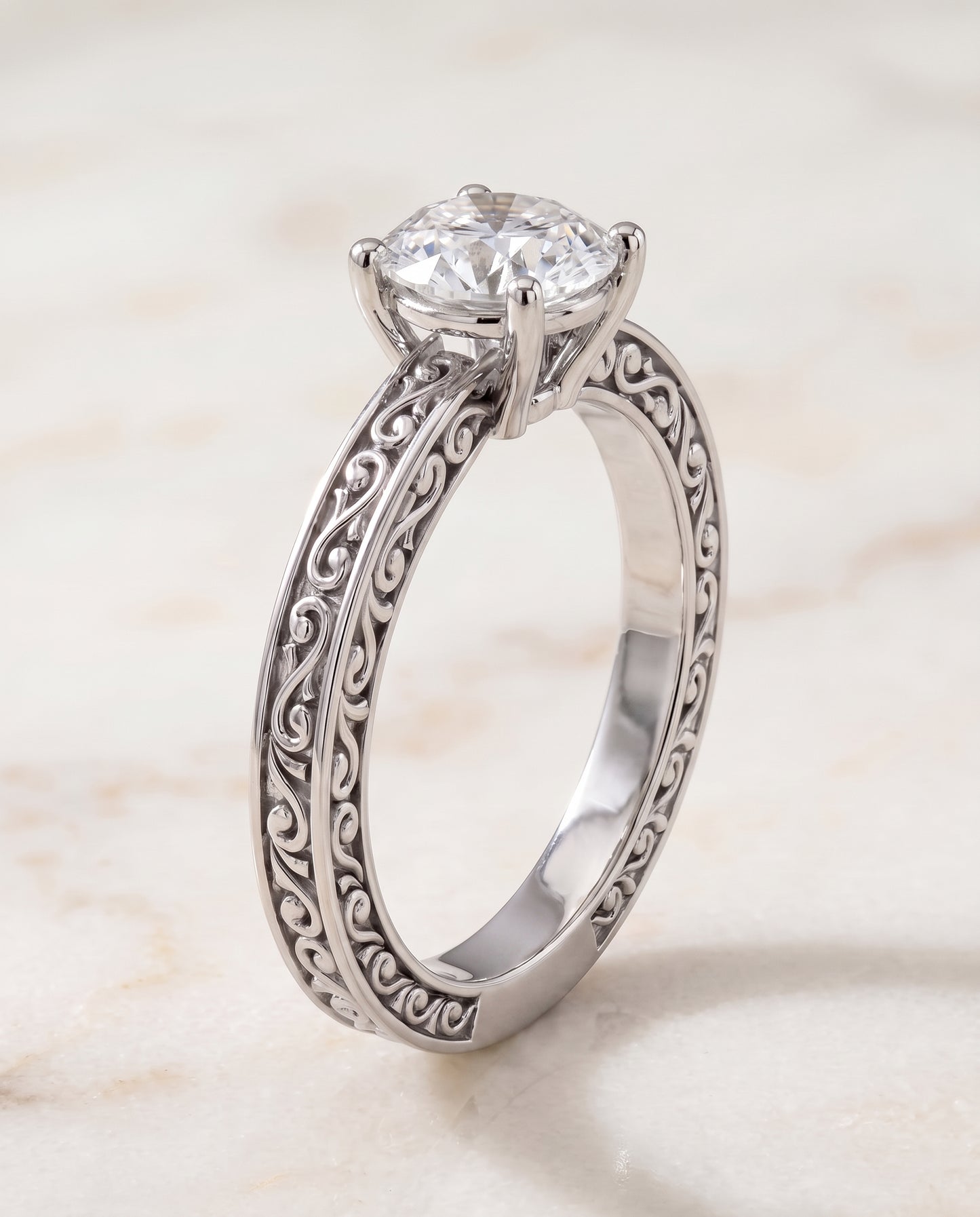 The Veronica Hand Engraved Scroll Vintage Solitaire Round Engagement Ring Setting in Platinum