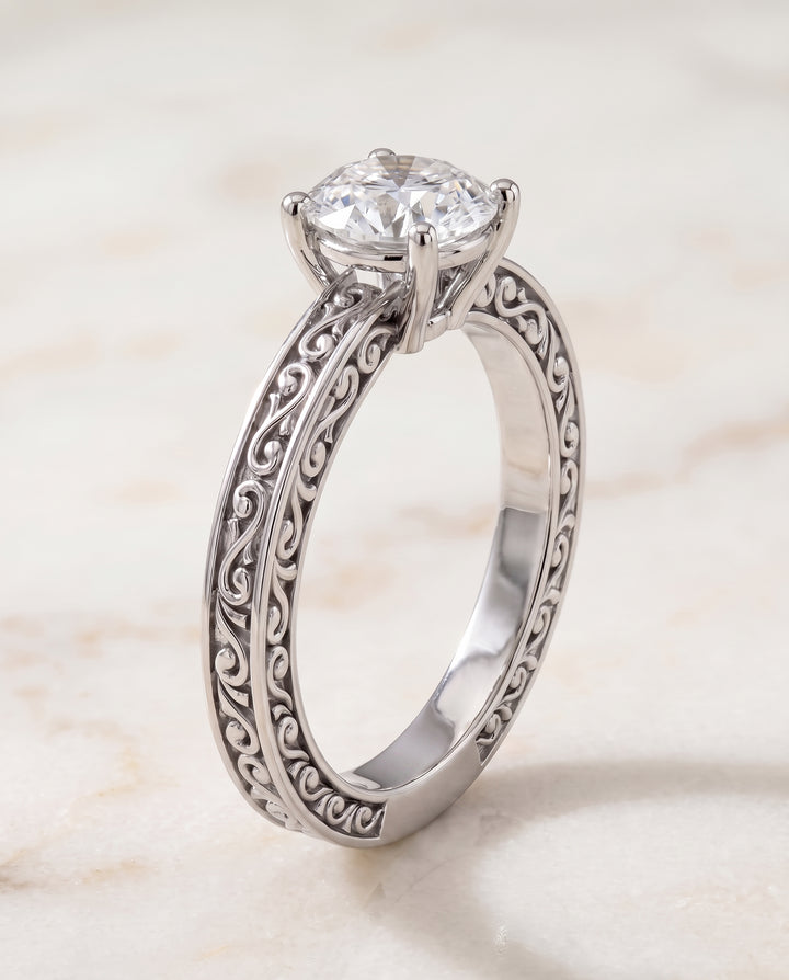 The Veronica Hand Engraved Scroll Vintage Solitaire Round Engagement Ring Setting in Platinum