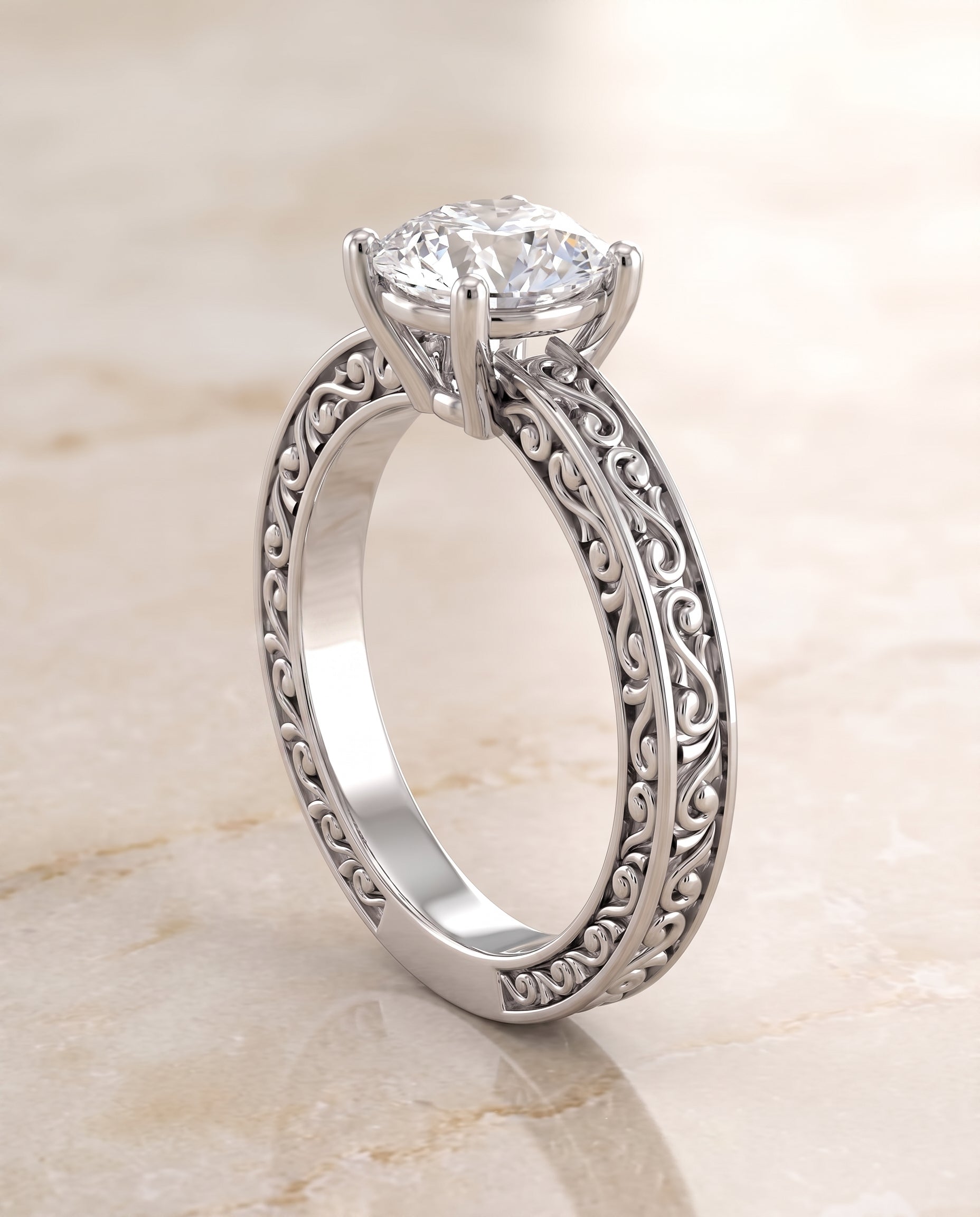 The Veronica Hand Engraved Scroll Vintage Solitaire Round Engagement Ring Setting in Platinum