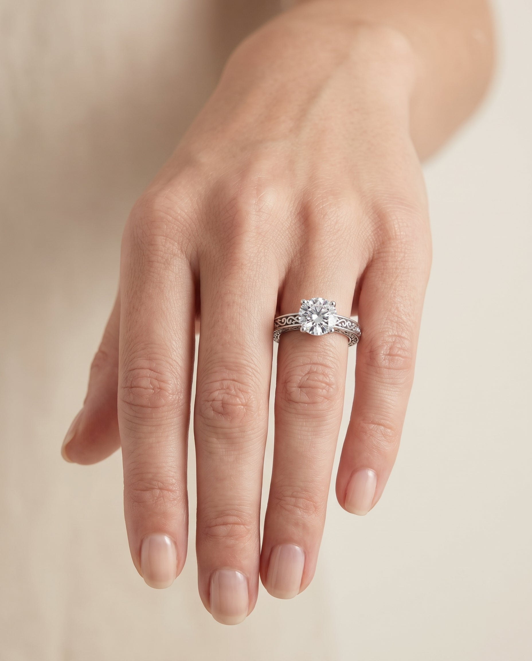 The Veronica Hand Engraved Scroll Vintage Solitaire Round Engagement Ring Setting in Platinum
