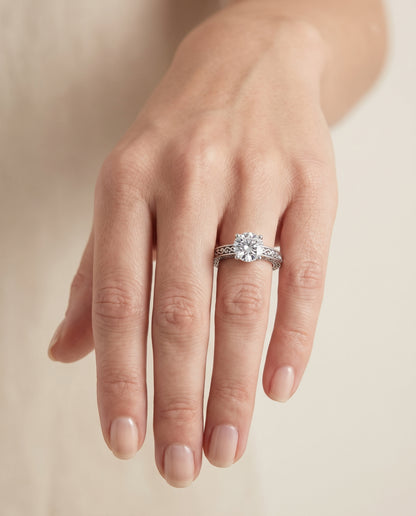 The Veronica Hand Engraved Scroll Vintage Solitaire Round Engagement Ring Setting in Platinum