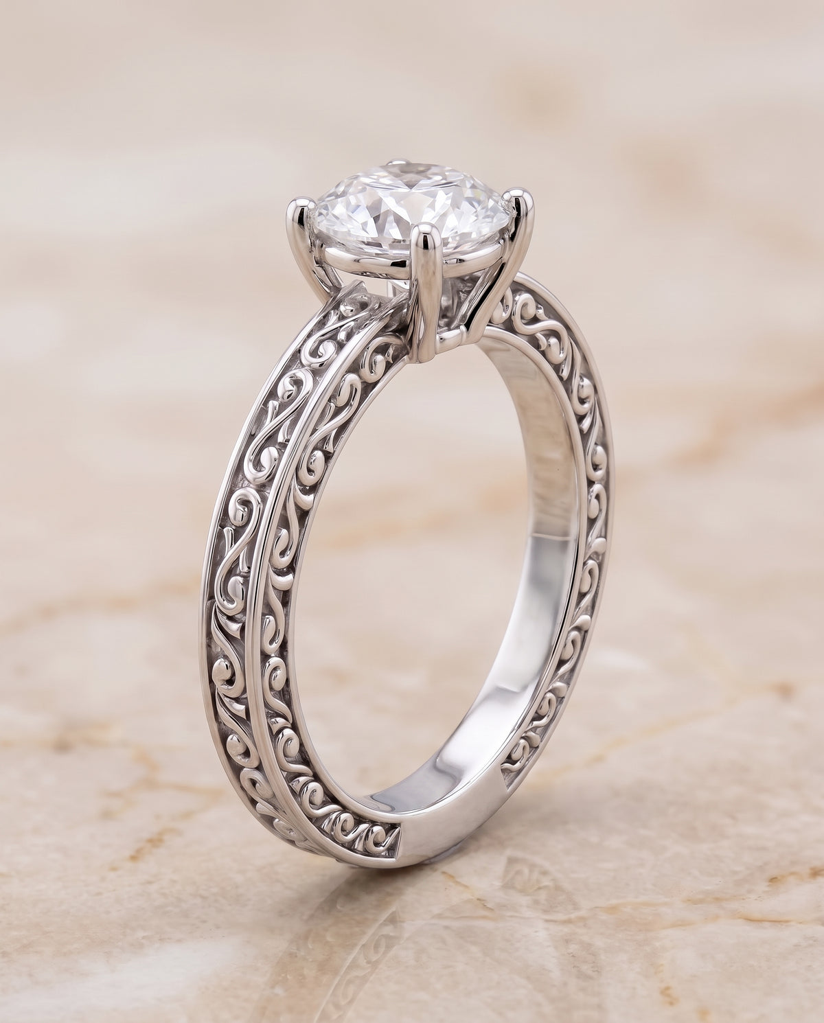 The Veronica Hand Engraved Scroll Vintage Solitaire Round Engagement Ring Setting in 18K White Gold
