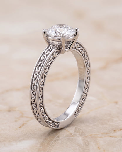 The Veronica Hand Engraved Scroll Vintage Solitaire Round Engagement Ring Setting in Platinum