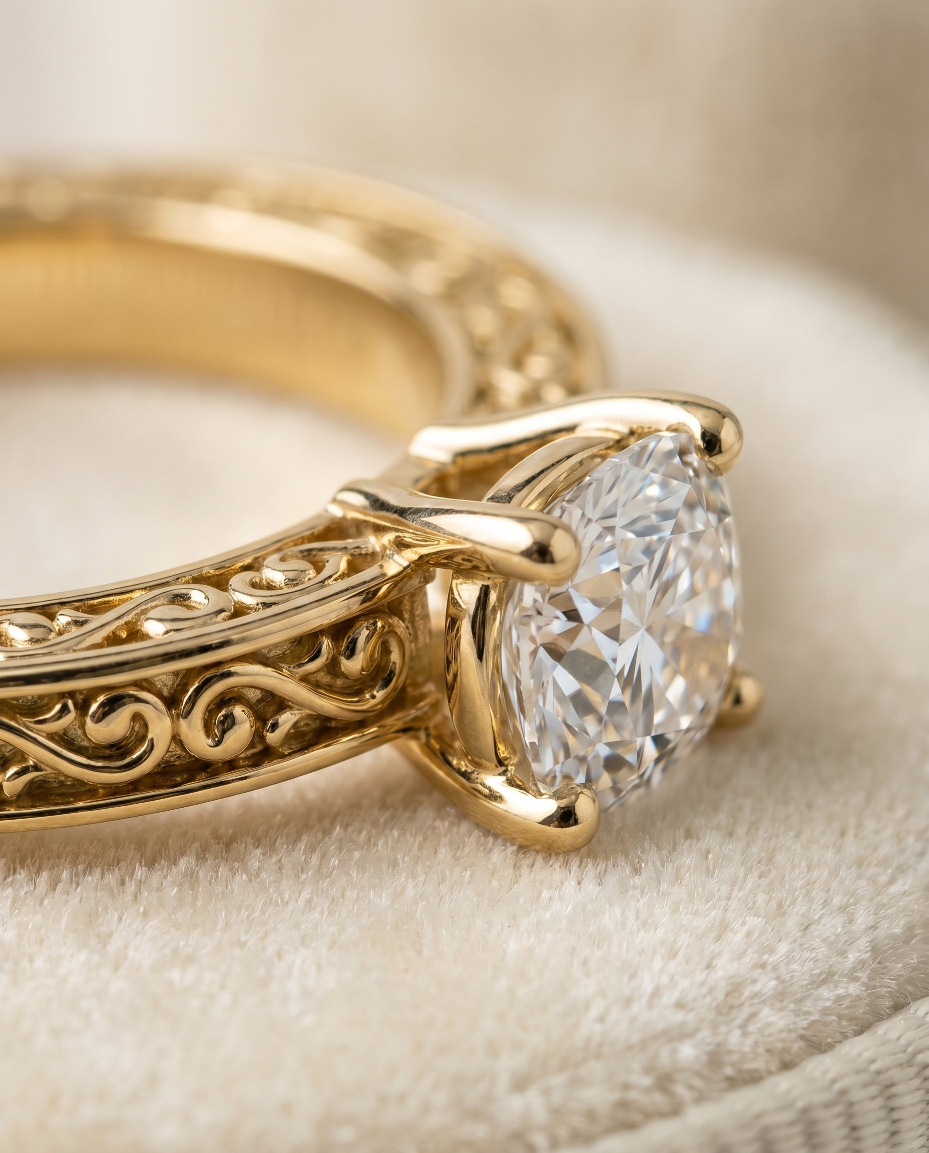 18K Yellow Gold band of The Veronica cushion engagement ring setting | RockHer