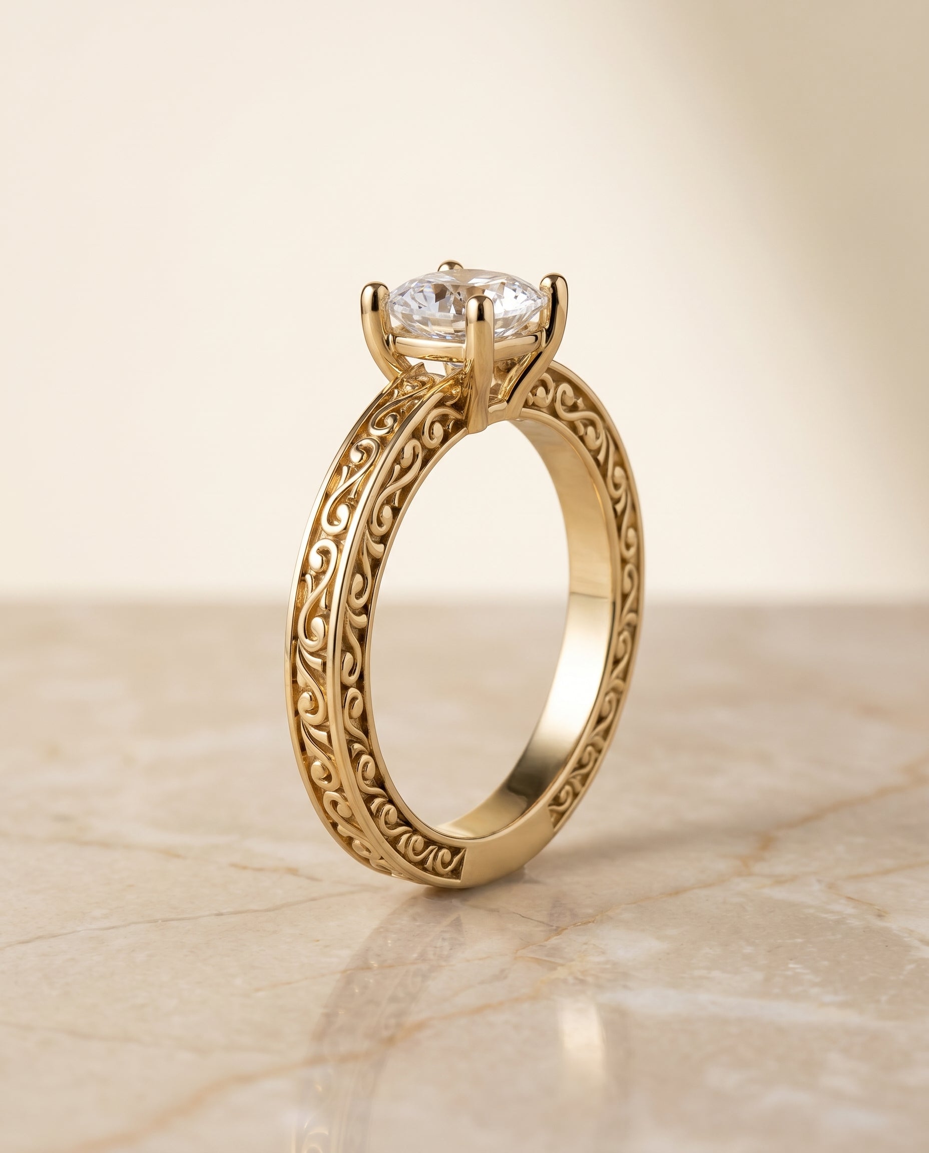 Hand Engraved Scroll Vintage Solitaire Cut styling on The Veronica cushion engagement ring setting | RockHer