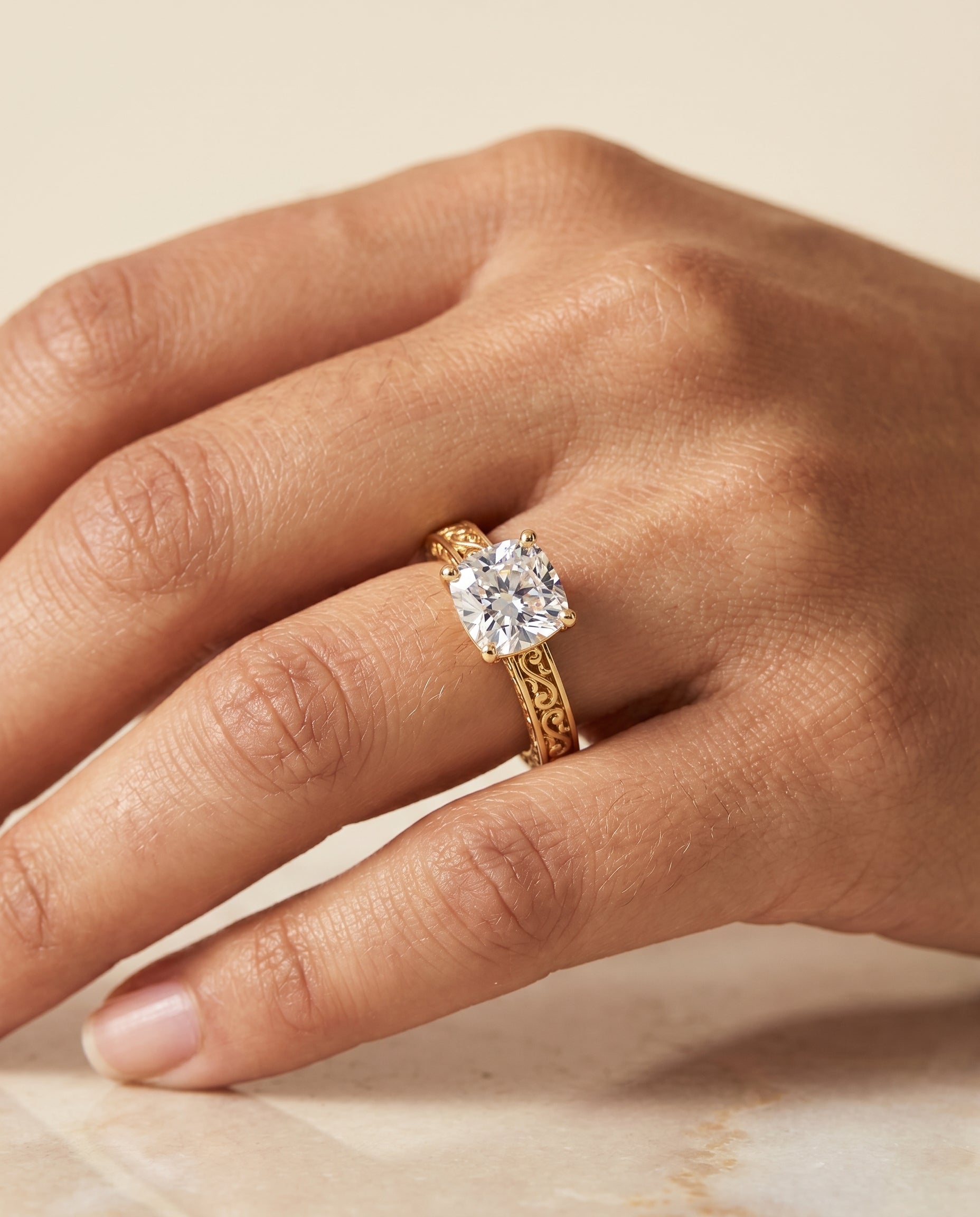 The Veronica engagement ring setting in 18K Yellow Gold, hand engraved scroll vintage solitaire cut design | RockHer