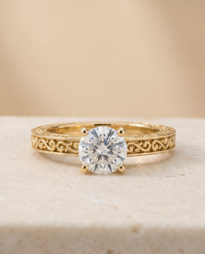 The Veronica Hand Engraved Scroll Vintage Solitaire Cushion Cut Engagement Ring Setting in 18K Yellow Gold