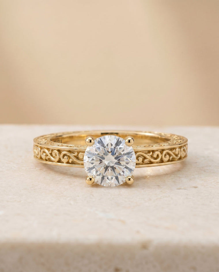 The Veronica Select Vintage Solitaire Cushion Cut Lab Diamond Engagement Ring in 18K Yellow Gold