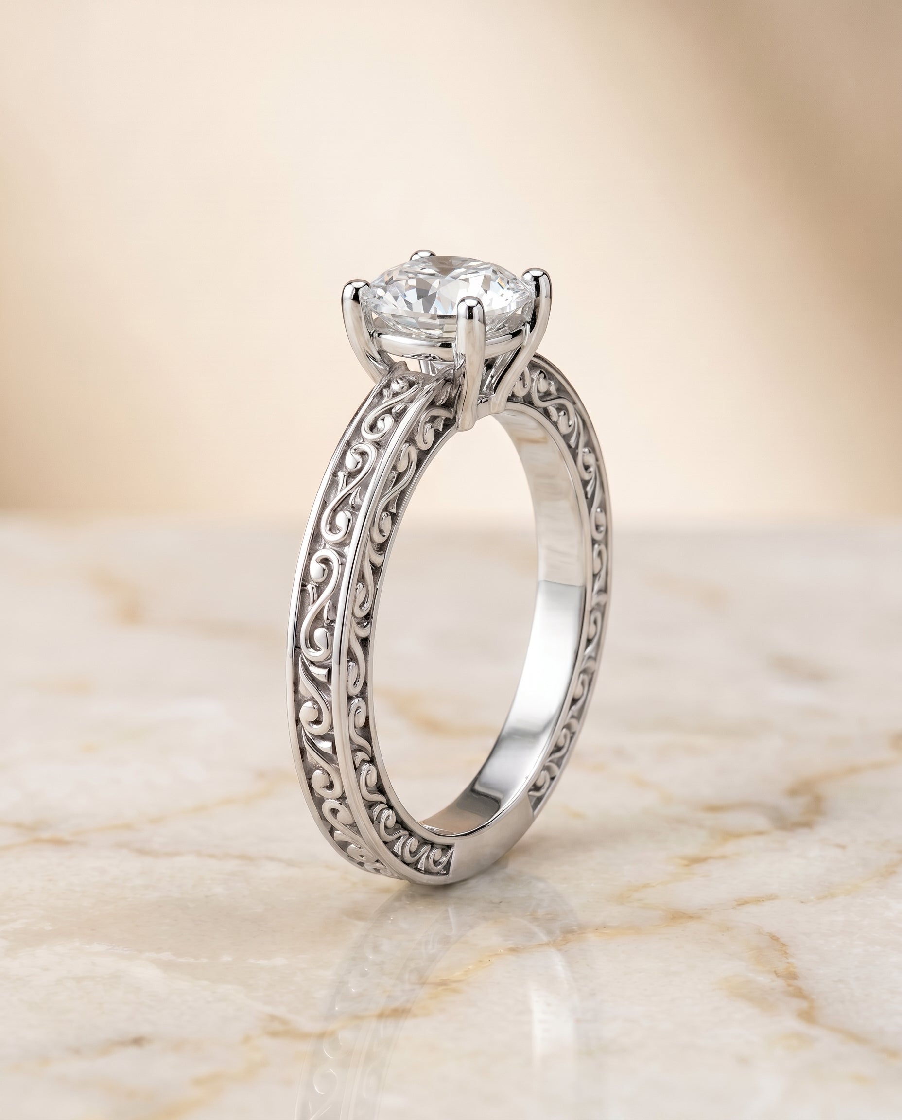 Hand Engraved Scroll Vintage Solitaire Cut styling on The Veronica cushion engagement ring setting | RockHer