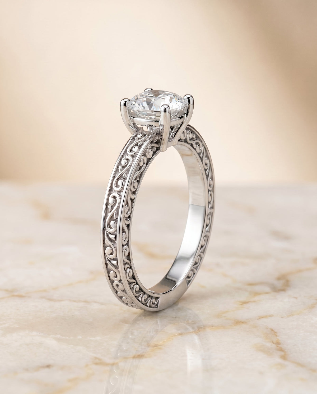 Veronica Select Vintage Solitaire Cushion Cut Lab Diamond Engagement Ring in 18K White Gold, front view | RockHer