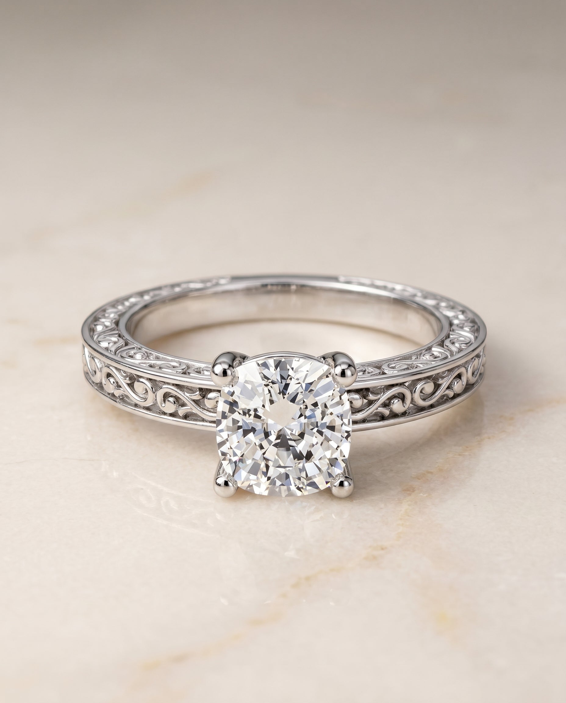 The Veronica Solitaire Engagement Ring Setting for Cushion Diamonds in 18K White Gold
