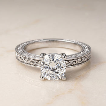The Veronica Hand Engraved Scroll Vintage Solitaire Cushion Cut Engagement Ring Setting in 18K White Gold
