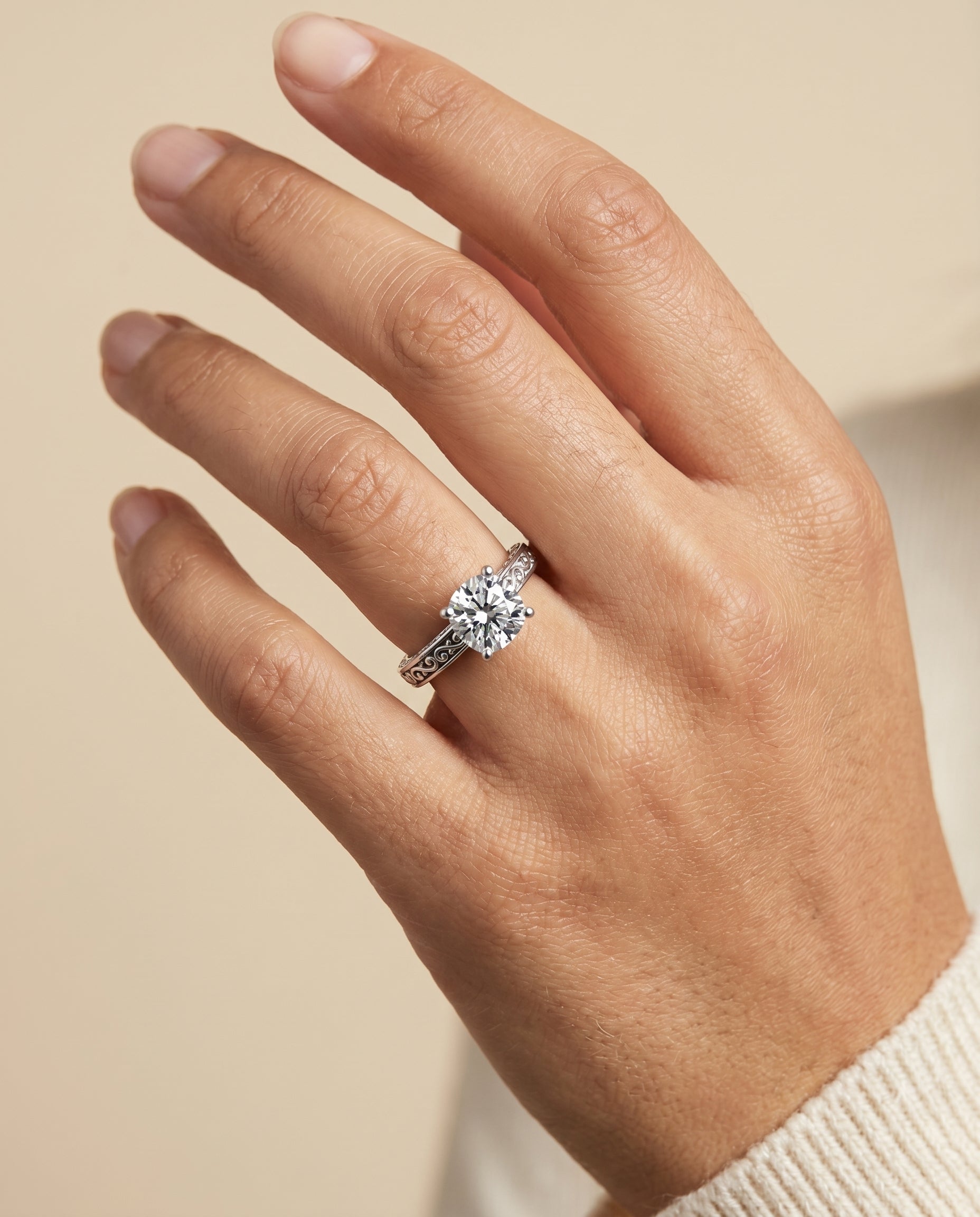 The Veronica engagement ring setting in Platinum, hand engraved scroll vintage solitaire cut design | RockHer