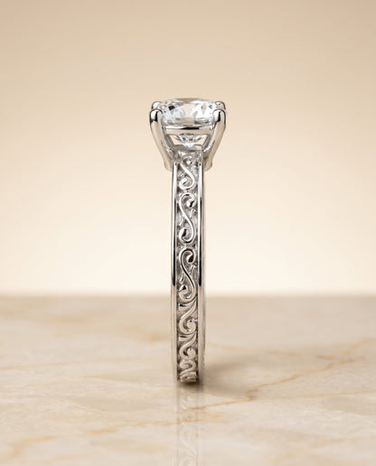 Veronica Select Vintage Solitaire Cushion Cut Lab Diamond Engagement Ring in Platinum, side view | RockHer