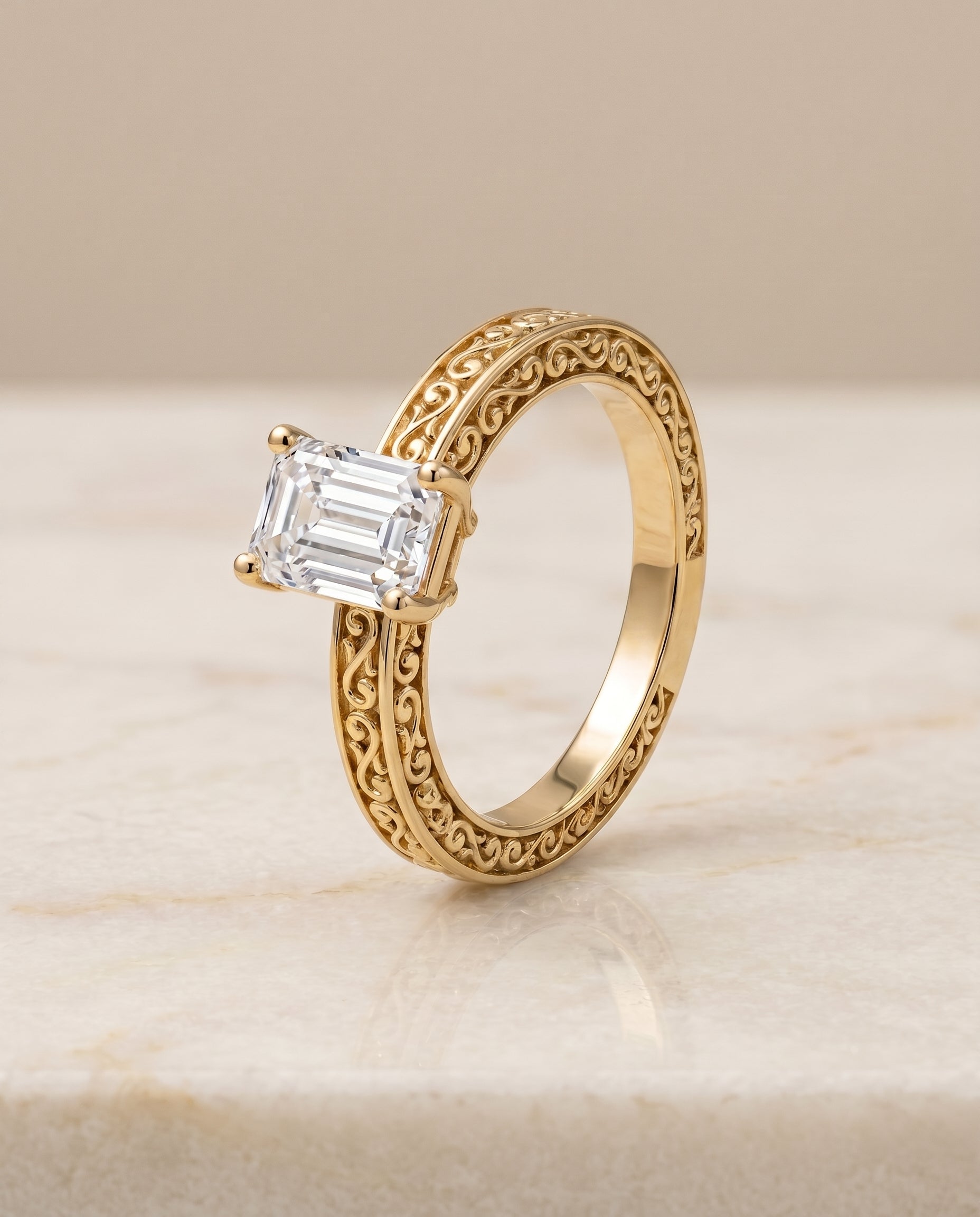 Hand Engraved Scroll Vintage Solitaire Cut styling on The Veronica emerald engagement ring setting | RockHer