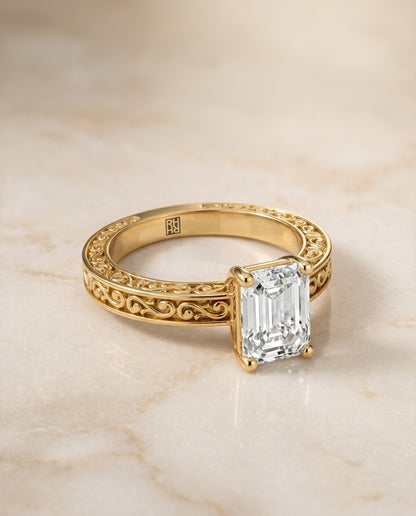 The Veronica Hand Engraved Scroll Vintage Solitaire Emerald Cut Engagement Ring Setting in 18K Yellow Gold