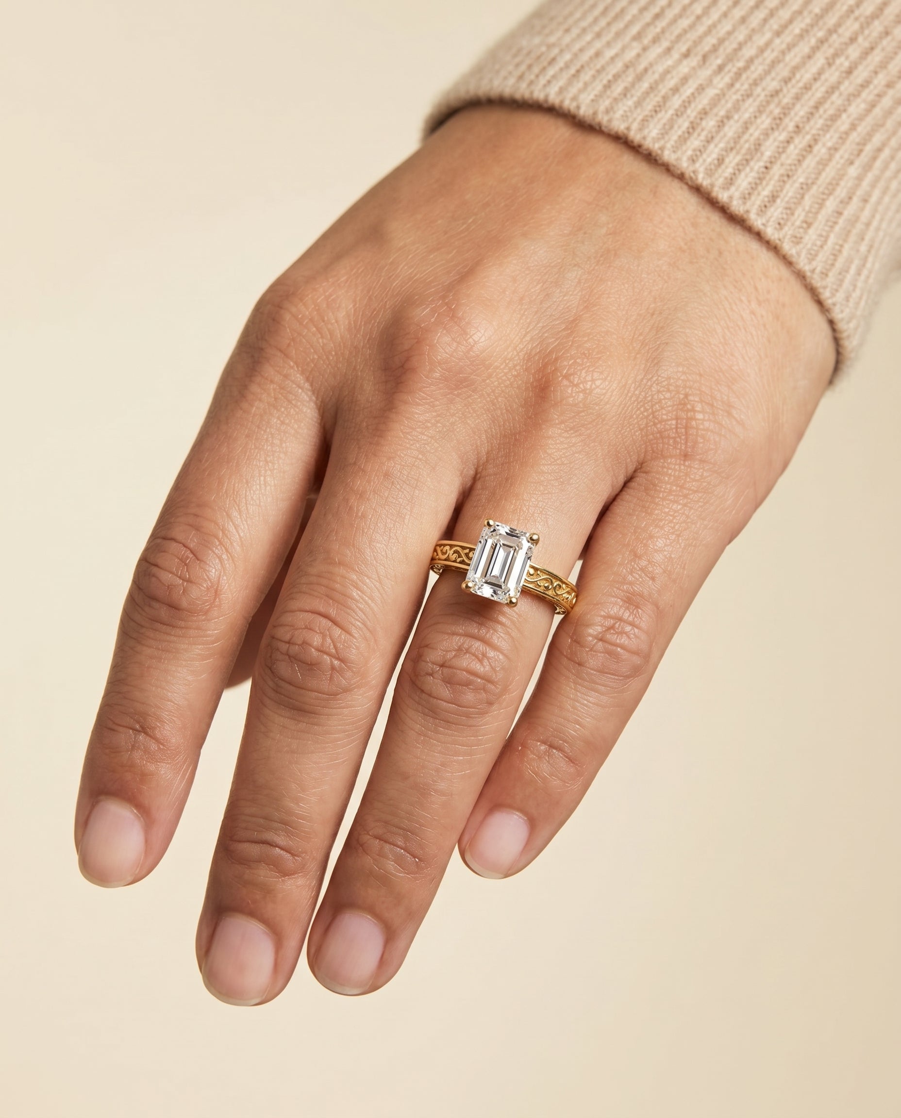 The Veronica engagement ring setting in 18K Yellow Gold, hand engraved scroll vintage solitaire cut design | RockHer
