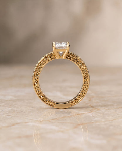 Veronica Select Vintage Solitaire Emerald Cut Lab Diamond Engagement Ring in 18K Yellow Gold, side view | RockHer