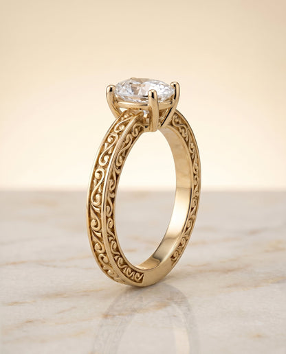 Veronica Select Hand Engraved Scroll Vintage Solitaire Oval Lab Diamond Engagement Ring in 18K Yellow Gold, front view | RockHer