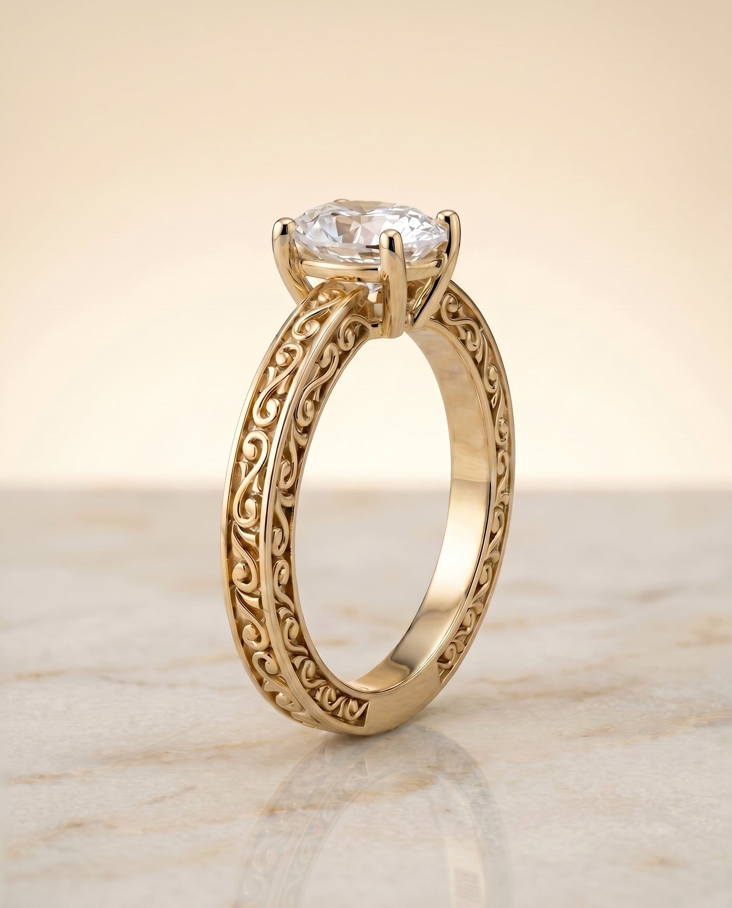 Veronica Select Hand Engraved Scroll Vintage Solitaire Oval Lab Diamond Engagement Ring in 18K Yellow Gold, shown on hand, angled | RockHer