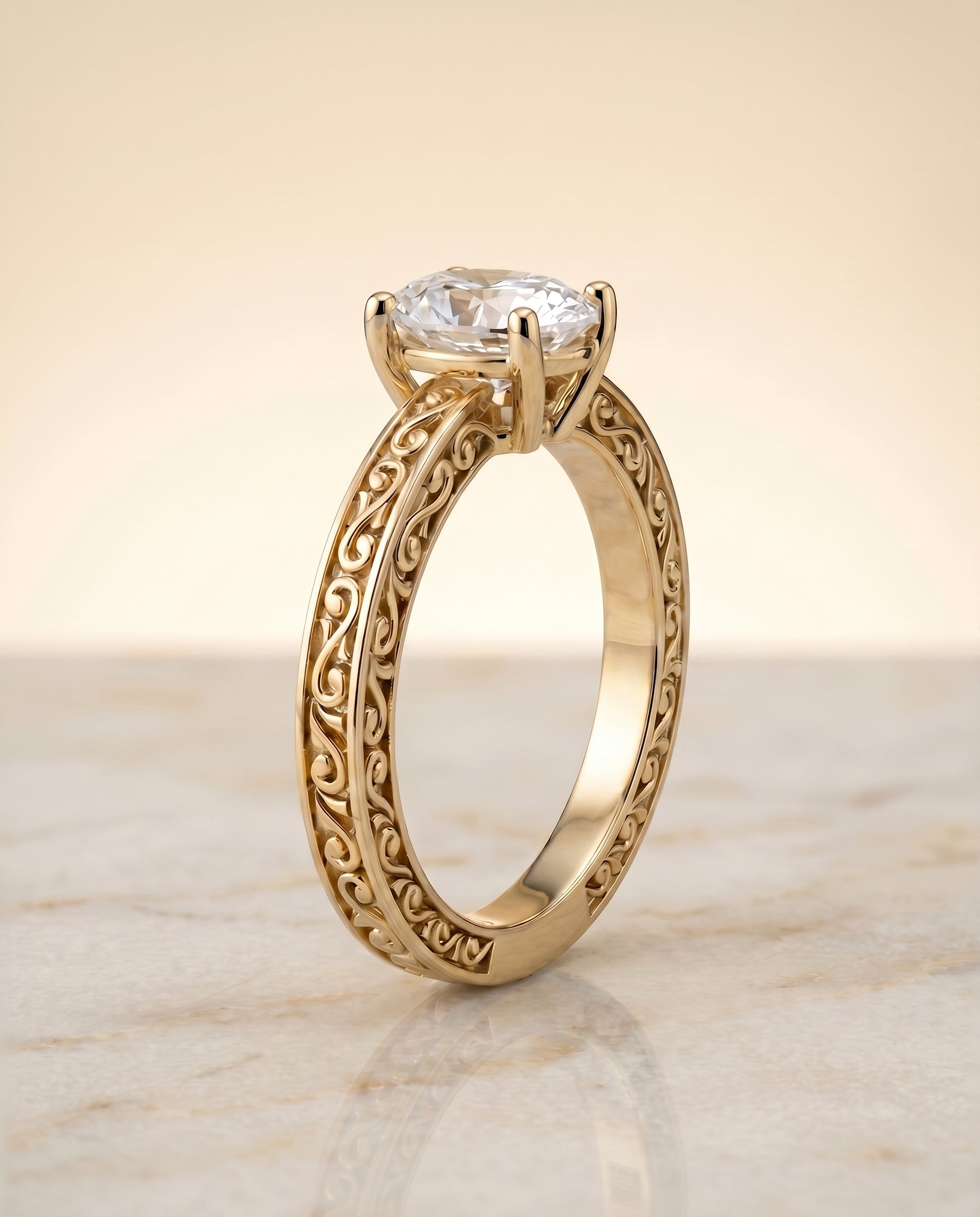Select Hand Engraved Scroll Vintage Solitaire styling on The Veronica oval engagement ring setting | RockHer