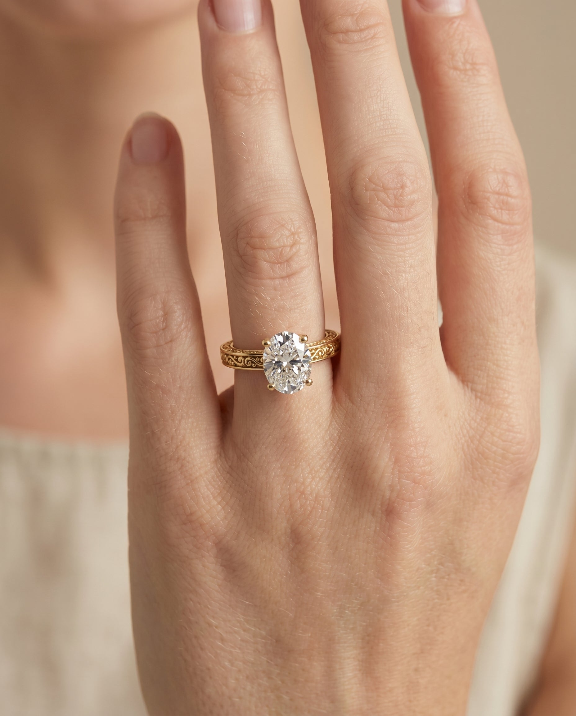 The Veronica engagement ring setting in 18K Yellow Gold, hand engraved scroll vintage solitaire design | RockHer
