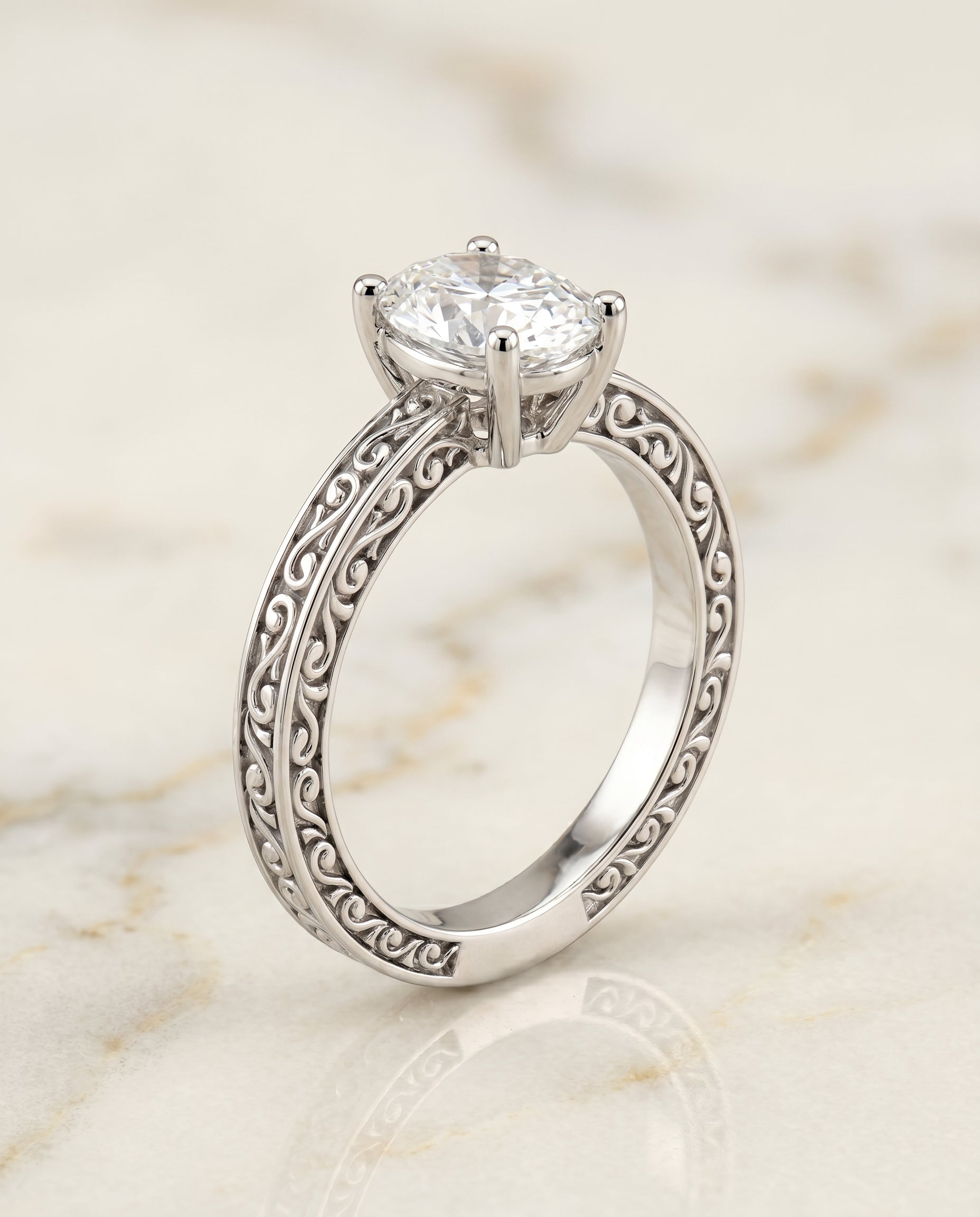 Hand Engraved Scroll Vintage Solitaire styling on The Veronica oval engagement ring setting | RockHer