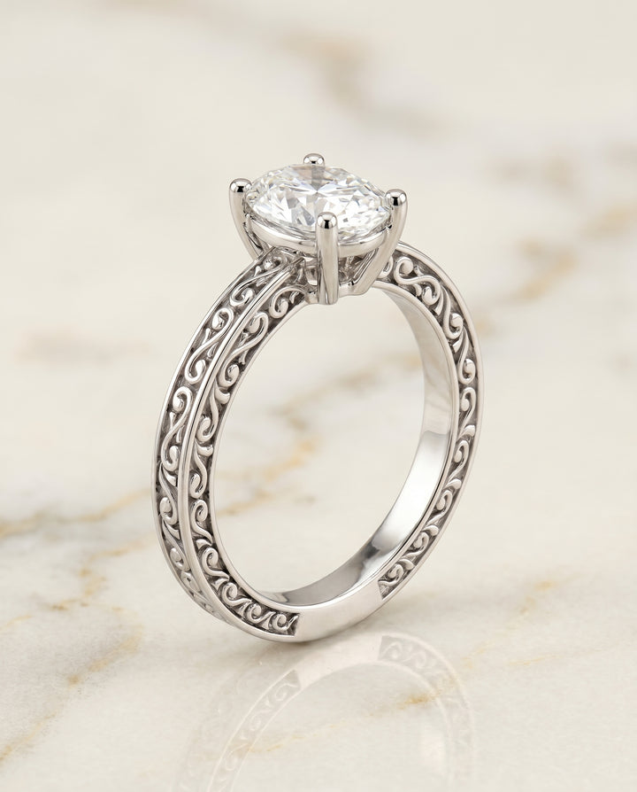 The Veronica Vintage Solitaire Engagement Ring Setting for Oval Diamonds in Platinum