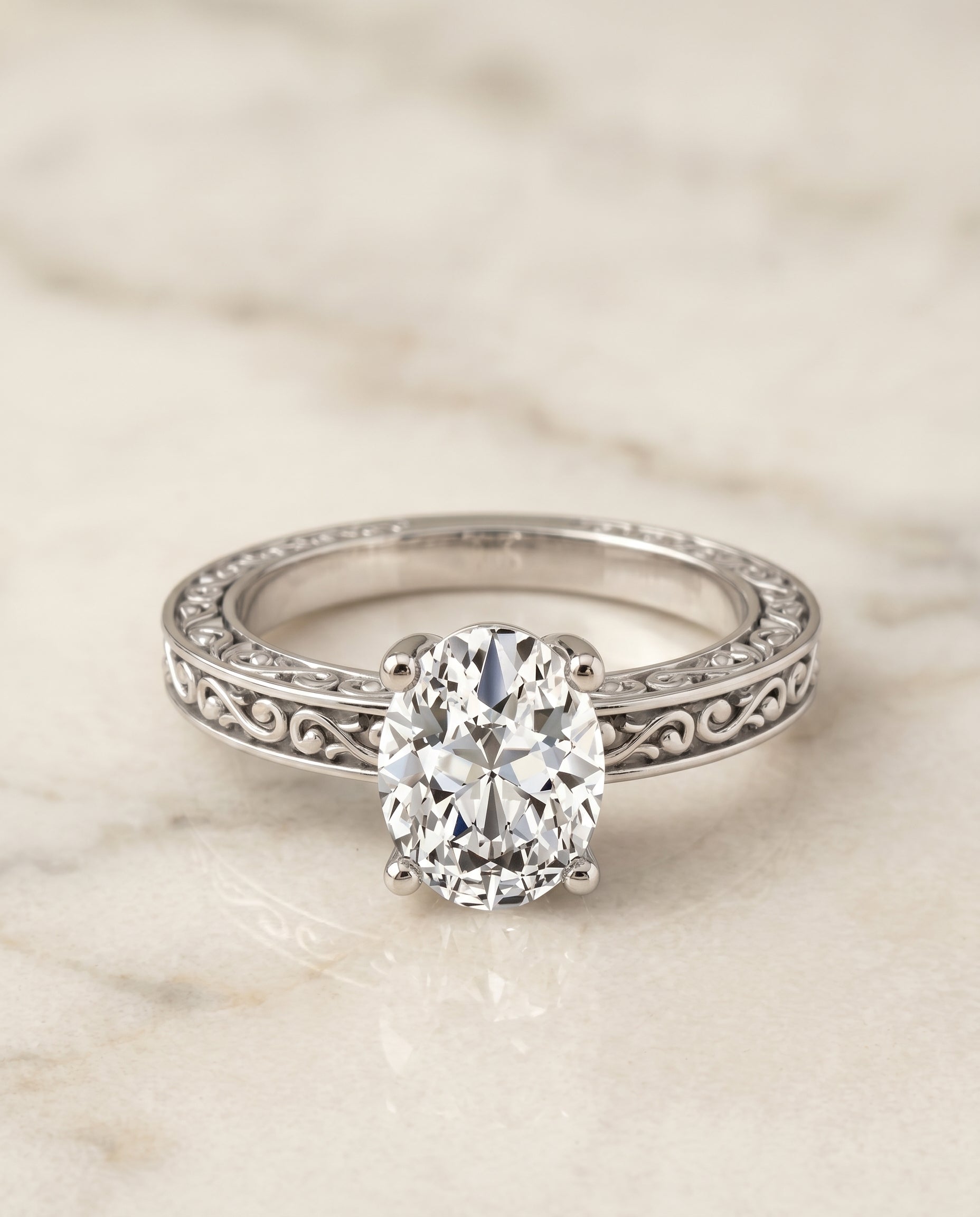 The Veronica Vintage Solitaire Engagement Ring Setting for Oval Diamonds in Platinum