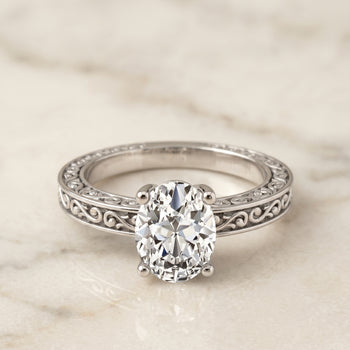 The Veronica Hand Engraved Scroll Vintage Solitaire Oval Engagement Ring Setting in 18K White Gold