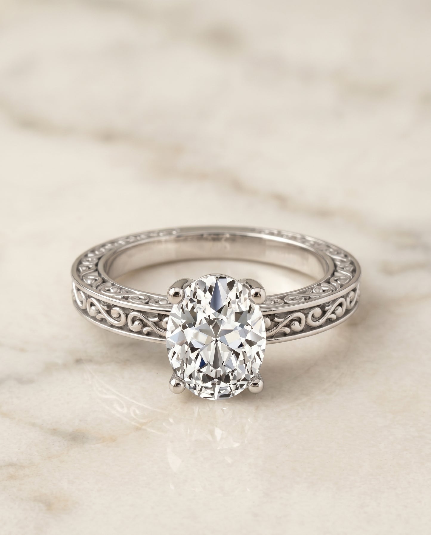 The Veronica Vintage Solitaire Engagement Ring Setting for Oval Diamonds in Platinum