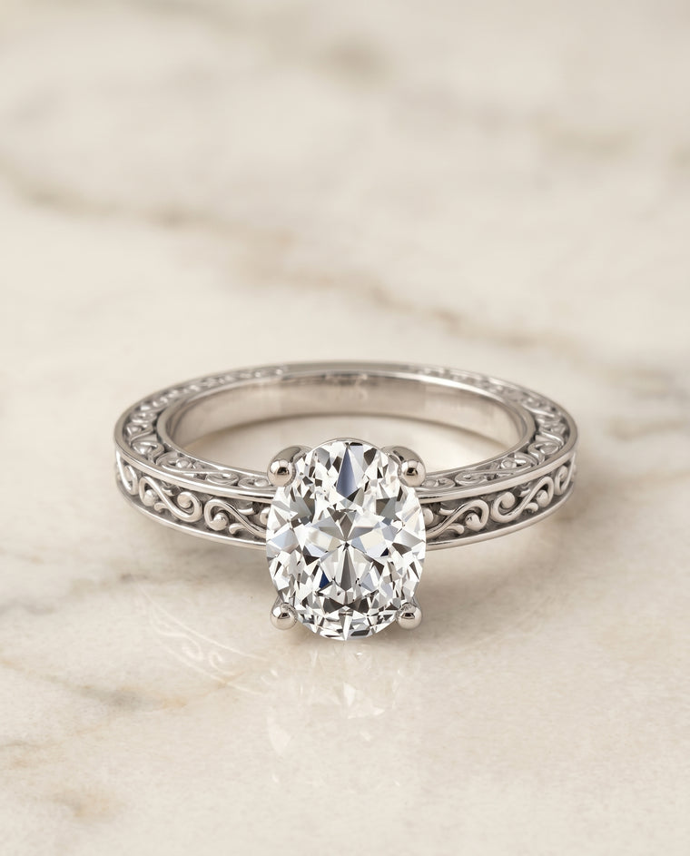 The Veronica Hand Engraved Scroll Vintage Solitaire Oval Engagement Ring Setting in Platinum