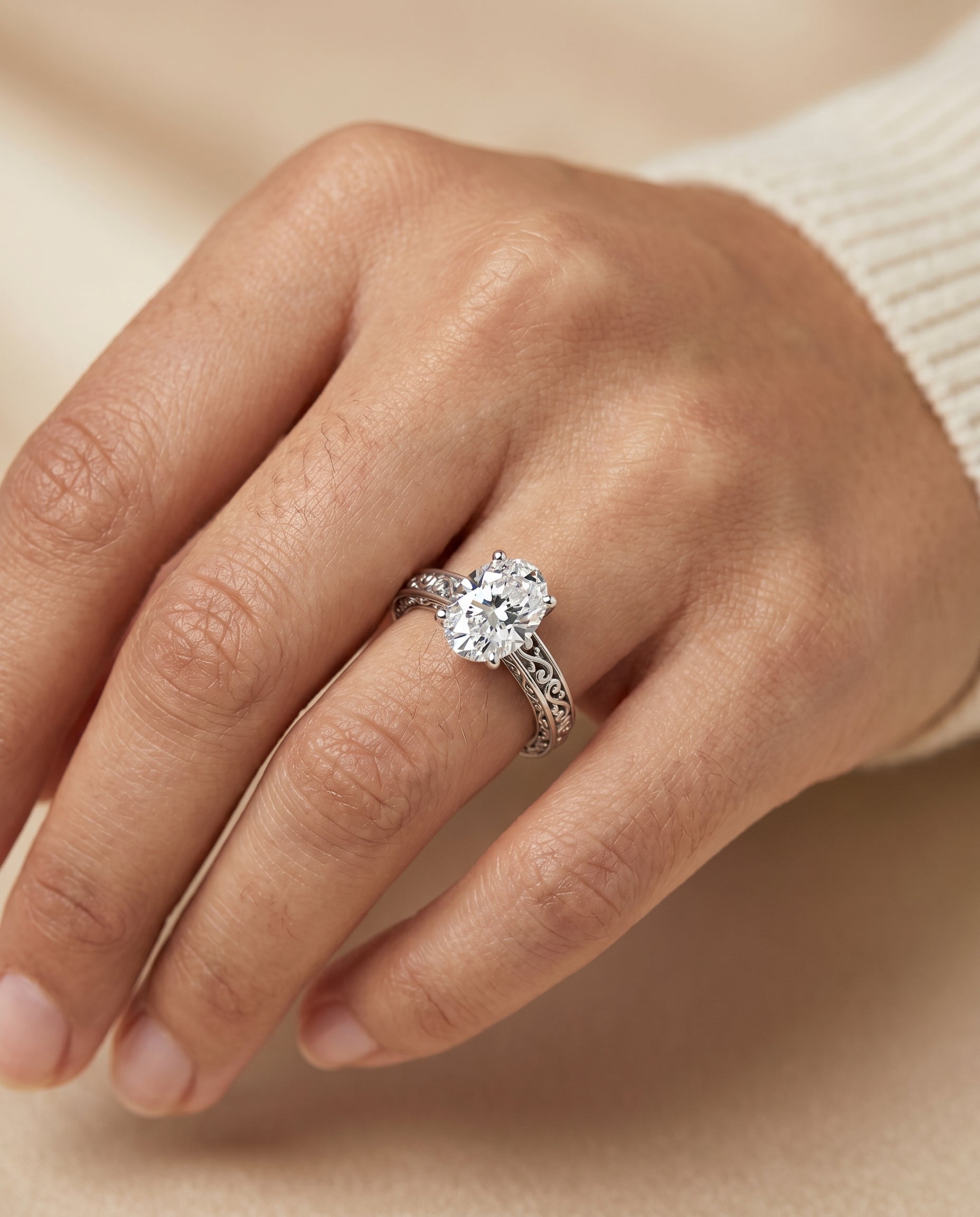 The Veronica engagement ring setting in Platinum, hand engraved scroll vintage solitaire design | RockHer