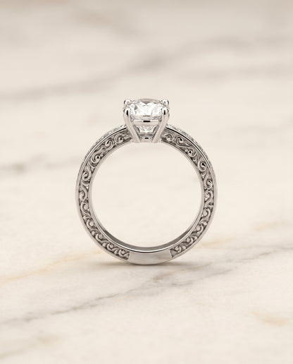 The Veronica Hand Engraved Scroll Vintage Solitaire Oval Engagement Ring Setting in Platinum