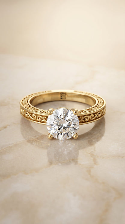 Veronica Select Vintage Solitaire Round Lab Diamond Engagement Ring in 18K Yellow Gold, alternate angle | RockHer