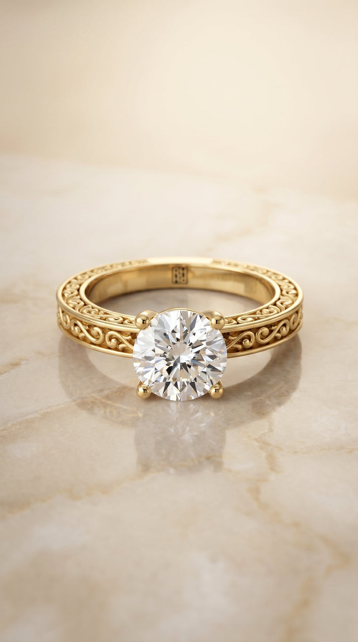 Veronica Select Vintage Solitaire Round Lab Diamond Engagement Ring in 18K Yellow Gold, alternate angle | RockHer