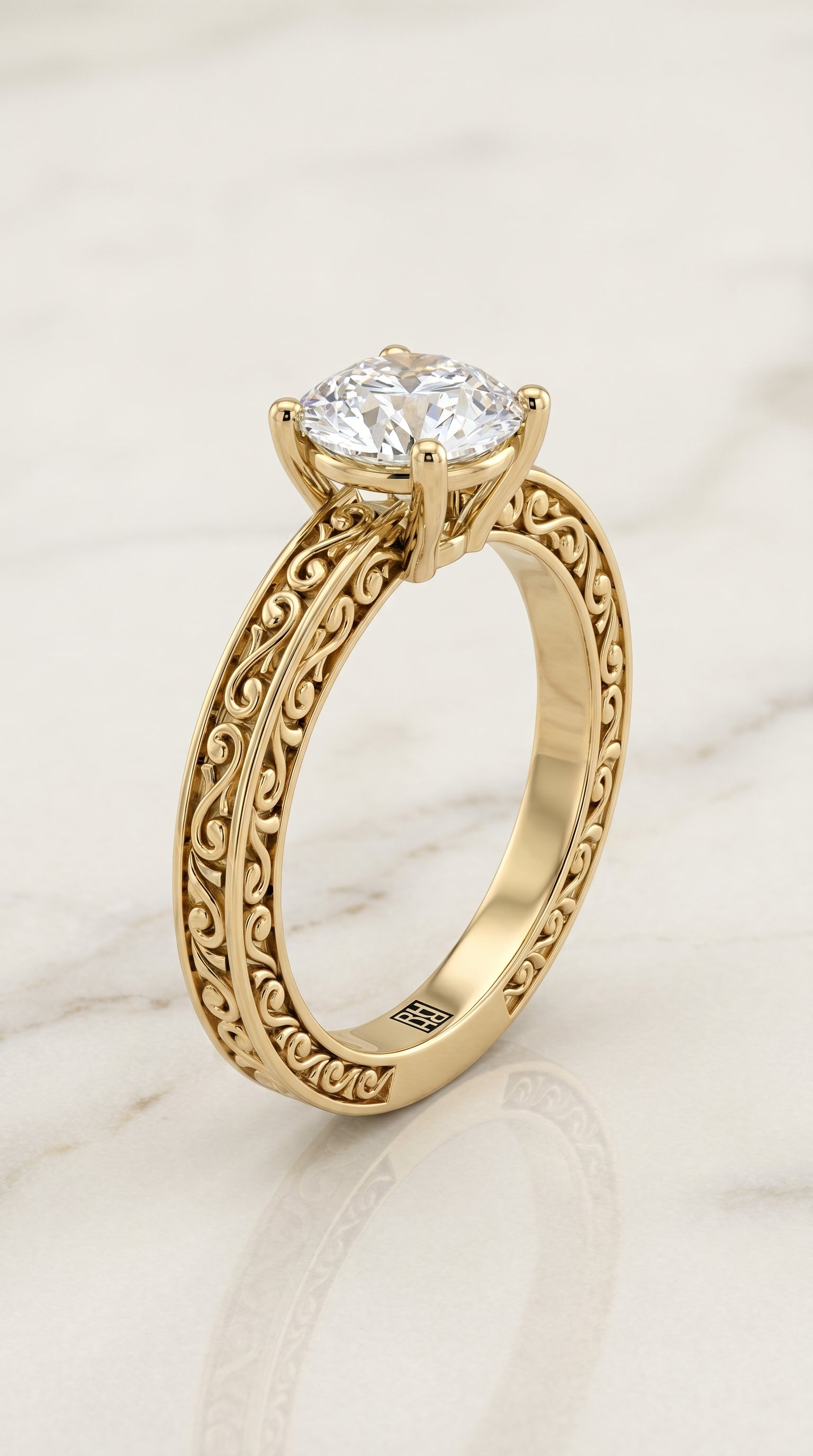 Hand Engraved Scroll Vintage Solitaire styling on The Veronica round engagement ring setting | RockHer