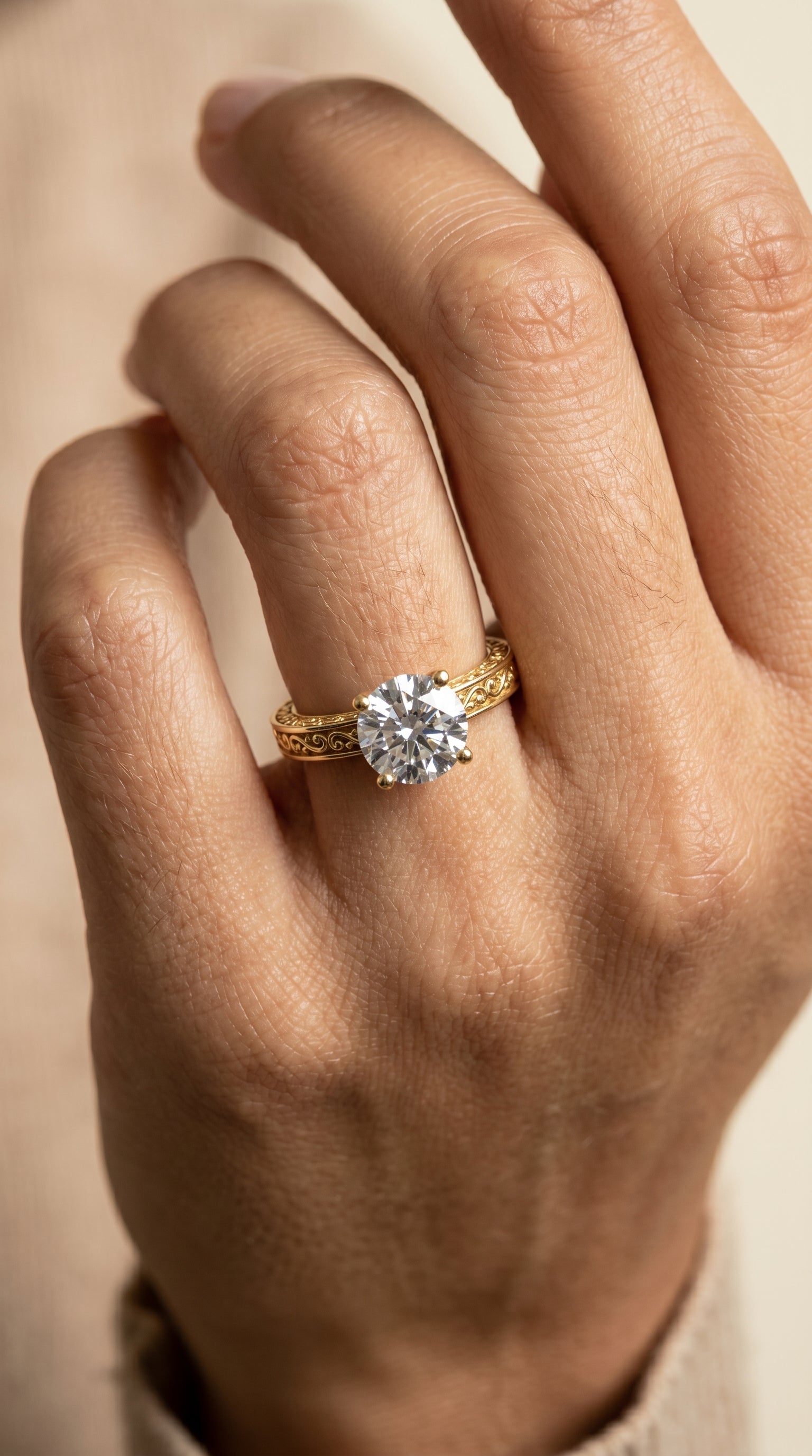 The Veronica engagement ring setting in 18K Yellow Gold, hand engraved scroll vintage solitaire design | RockHer